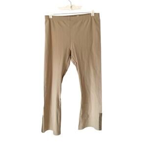 Elaine Kim Tech Stretch Crop Leather Trim Leggings size large Tan Beige
